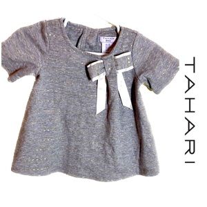 Tahari Baby Dress/Top Gray With Small Gold Dots & White Bow Size 12M